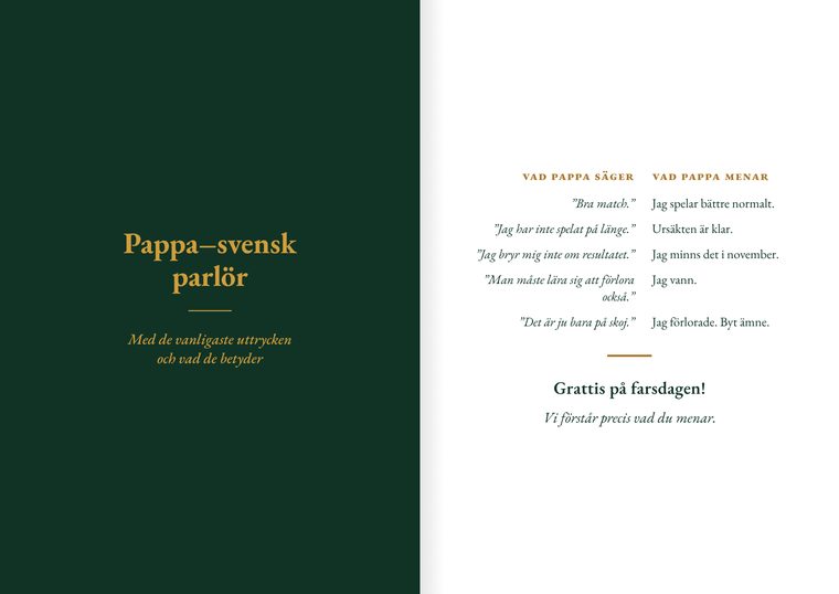 Kortet Pappa–svensk parlör, framsida och insida.